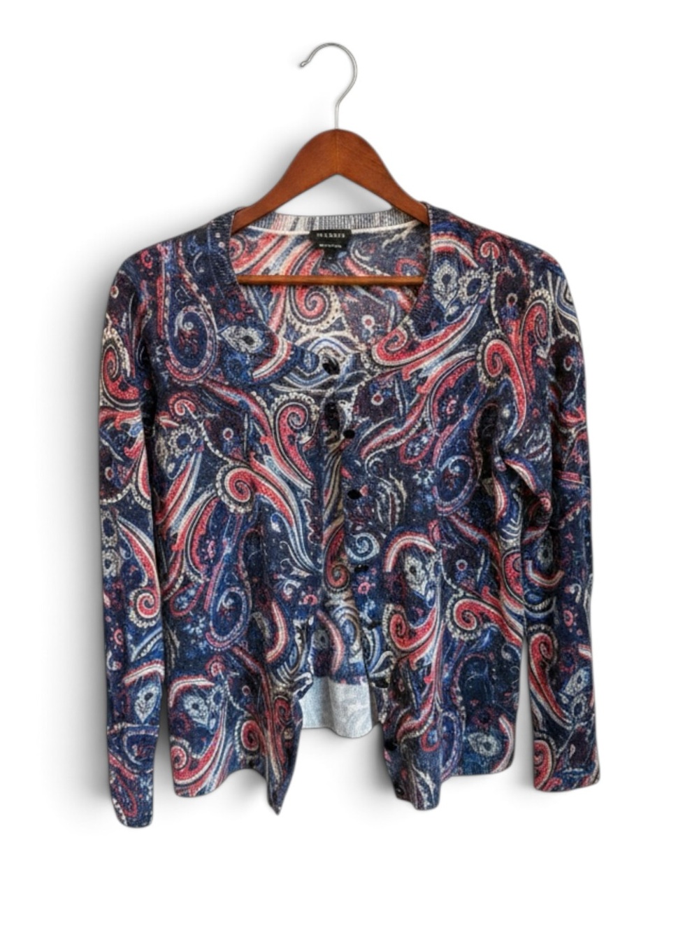Talbots Classic Merino Wool Paisley Button Front Cardigan Sweater L Blue/Rose - Picture 4 of 13